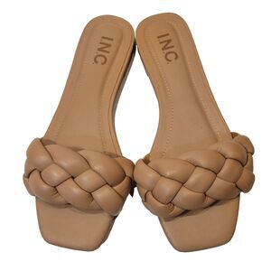 INC Partee Faux Leather Chunky Braided Strap Slide Sandals Sz 5 Nude Square Toe